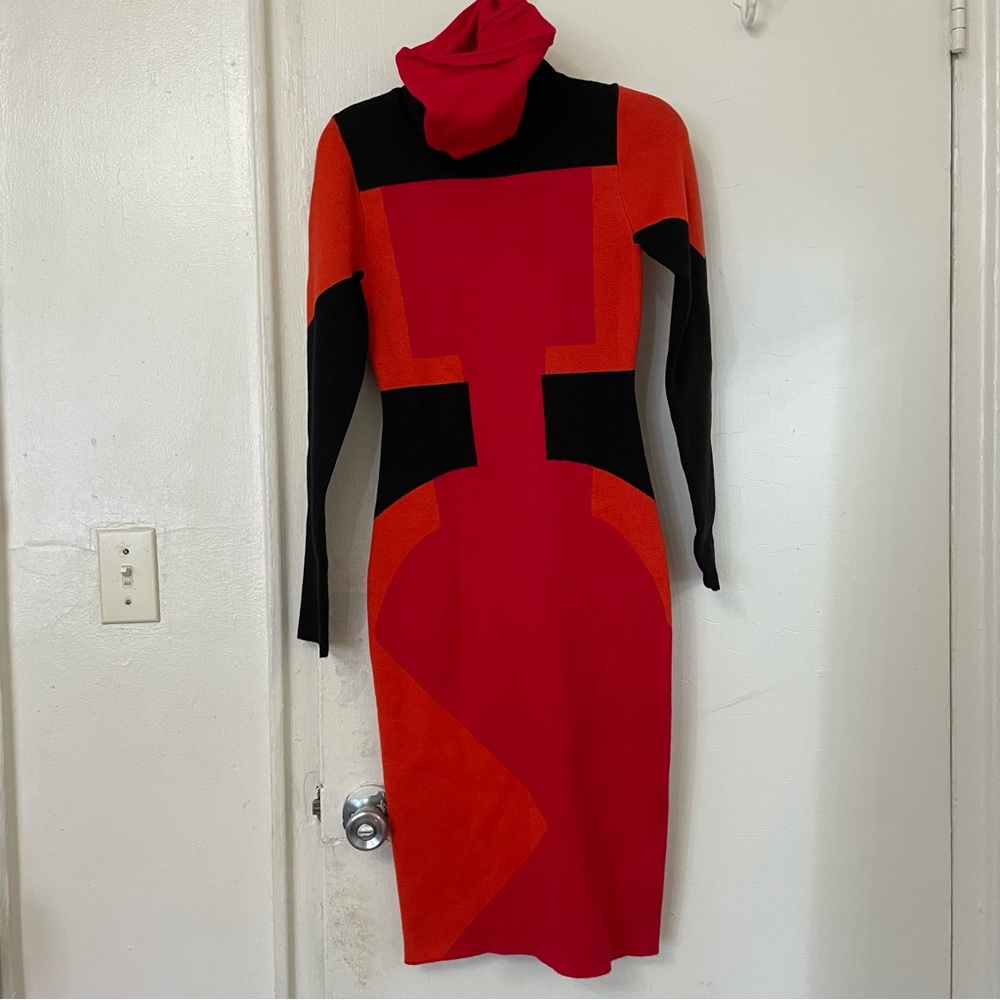 Red/Black/Orange Turtleneck Long Sleeve Knitted Bodycon Dress